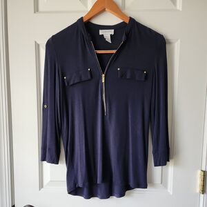 Carmen Marc Valvo Blouse Women Sz XS V-Neck Pullover Shirt 1/2 Zip Blue